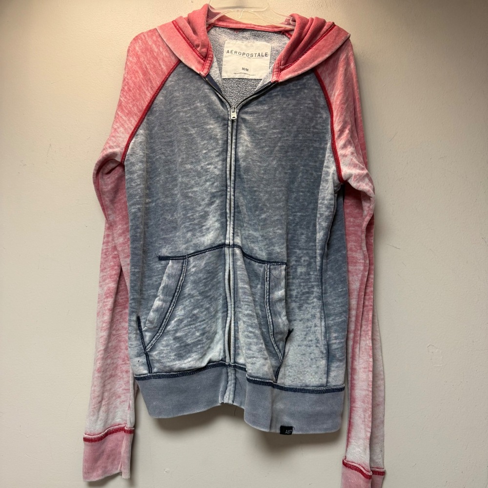Aeropostale Hoodie Women Medium Blue Pink Good Acid Wash Burnout Zip Raglan